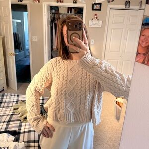Pink Rose Cream Cable-Knit Crewneck Sweater